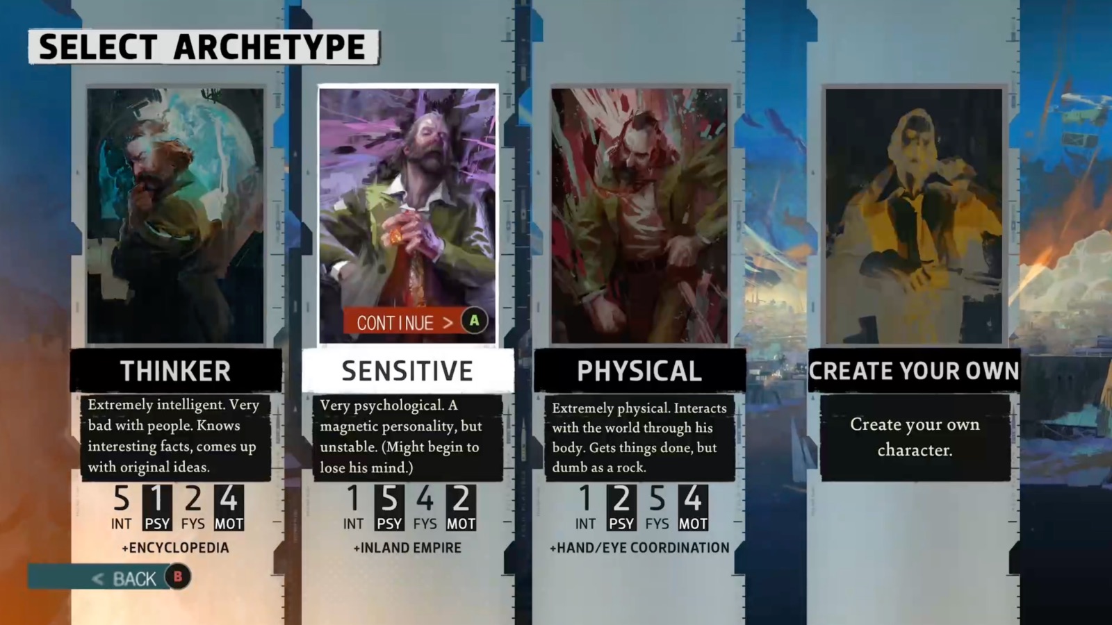 Archtypes available - thinker, sensitive, physical, or create your own