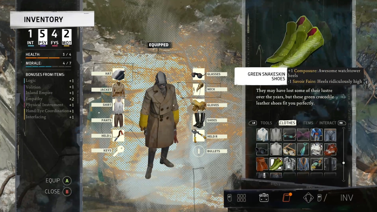 The inventory menu and the clothes and items you can equip
