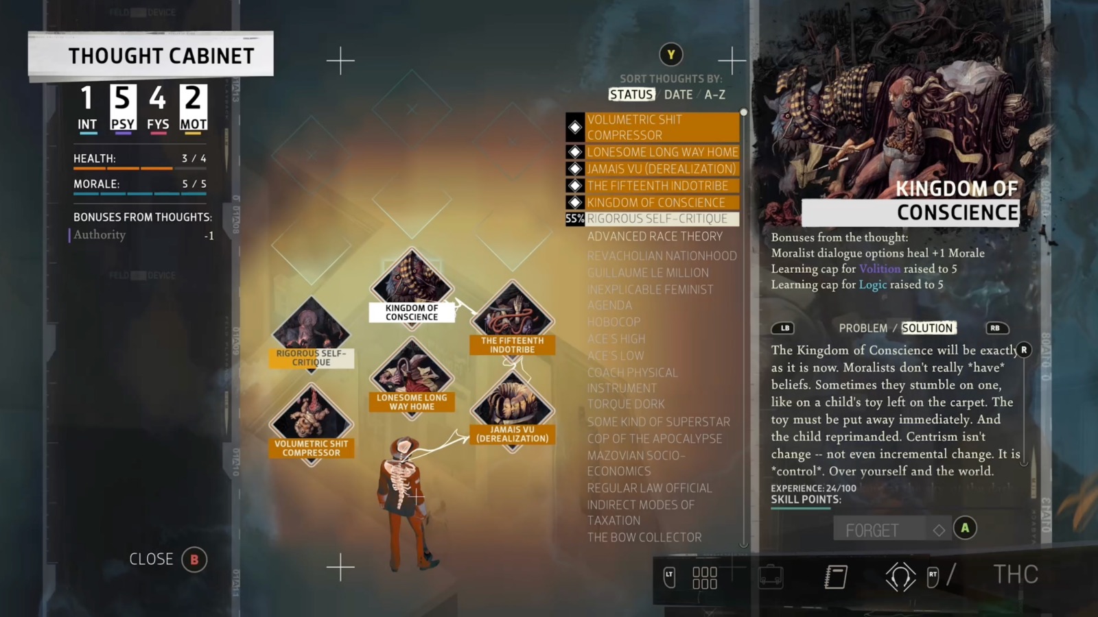 The Thought Cabinet menu and slotting thoughts in for skill upgrades